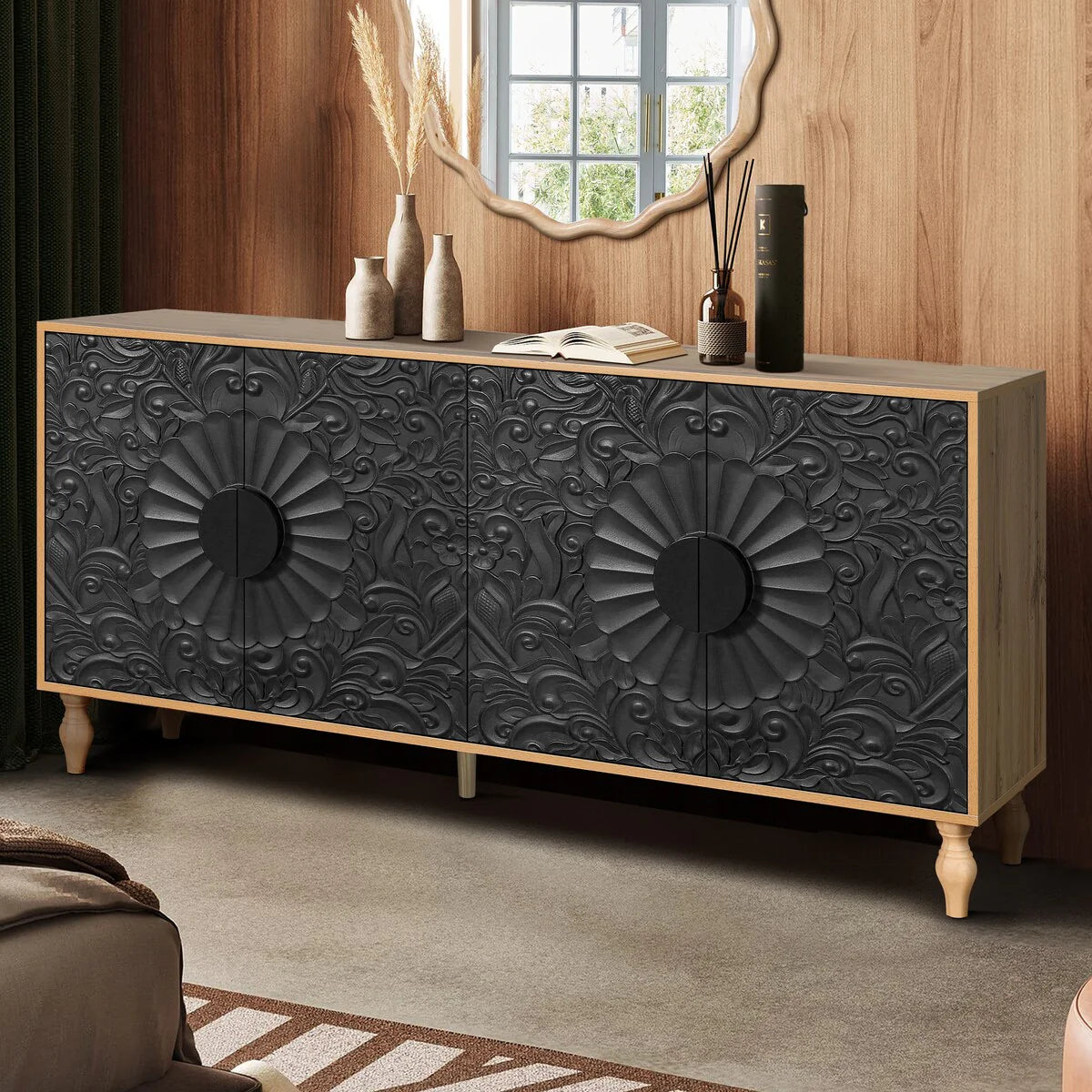 Carved Symmetrical Design Door And Wood Coloured Frame For Tv Stand Table