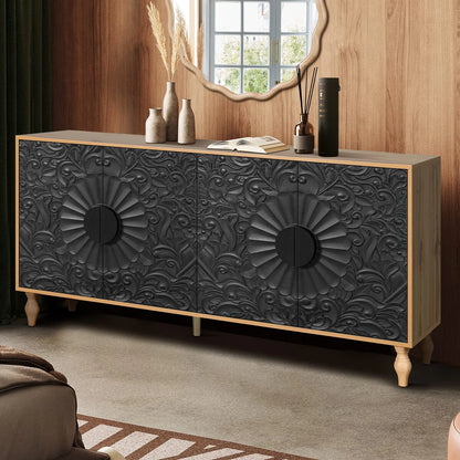 Carved Symmetrical Design Door And Wood Coloured Frame For Tv Stand Table