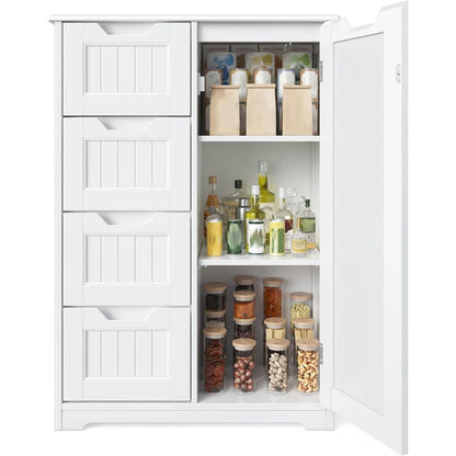Bathroom Floor Storage Cabinet, Free-Standing Floor Storage Cabinet with 4 Draws and Adjustable Shelf