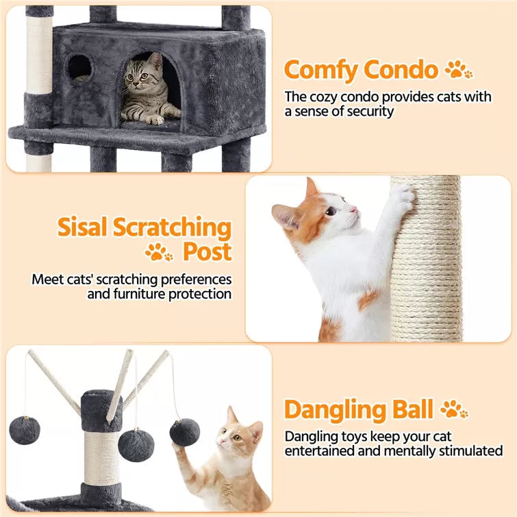67" H Multi-Level Cat Tree Tower with 2 Cat Condos & Hammock Basket