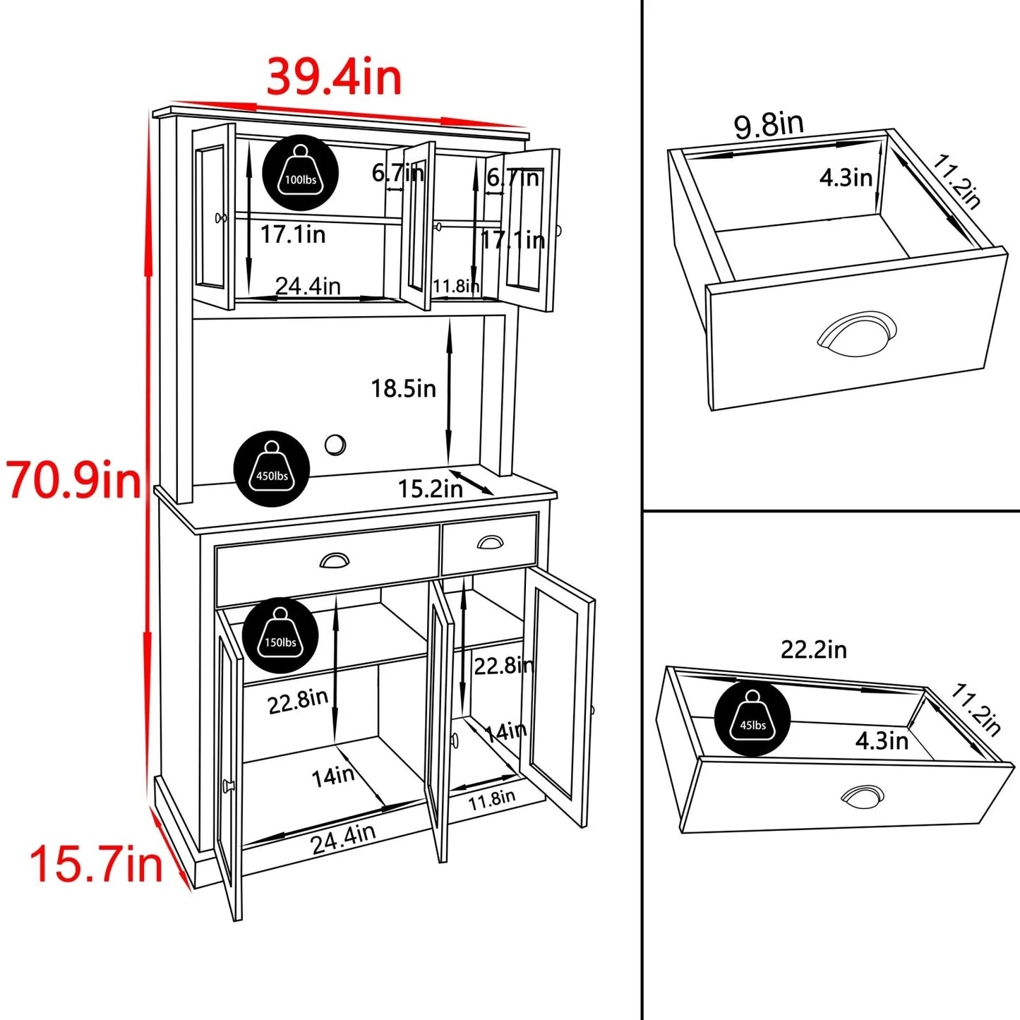 VEIKOUS Pantry Kitchen Cabinet Storage with Microwave Stand and 3 Adjustable Shelves