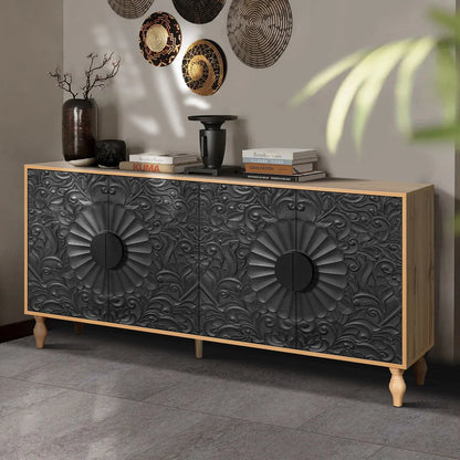 Carved Symmetrical Design Door And Wood Coloured Frame For Tv Stand Table