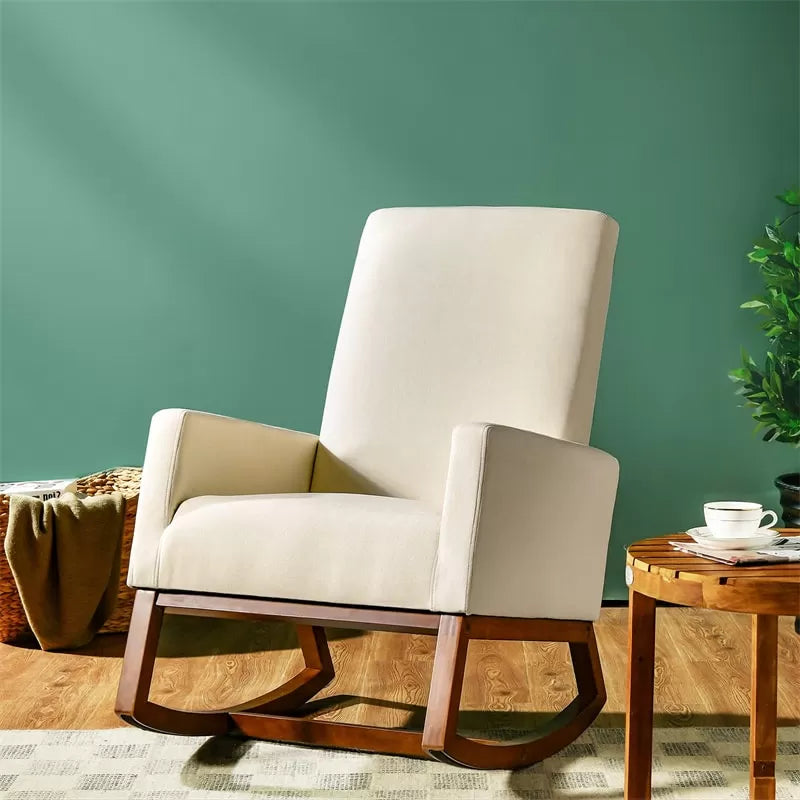 Upholstered Rocking Chair High Back Glider Rocker Chair Mid-Century Nursery Chair Modern Fabric Armchair with Wood Base