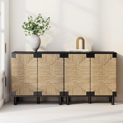 Nathan James Beacon Wood Accent Cabinet with Seagrass Doors and Adjustable Shelf