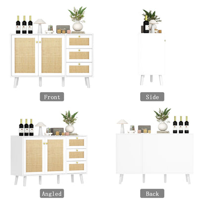 Anmytek Mid-Century Modern 2-Door Wood Rattan Buffet Sideboard Kitchen Storage Cabinet with 3 Drawers