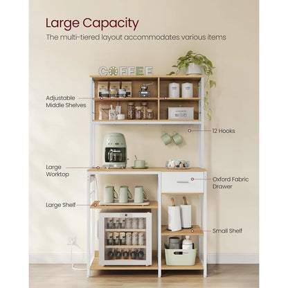VASAGLE Bakers Rack with Charging Station, Coffee Bar Stand with Adjustable Storage Shelves