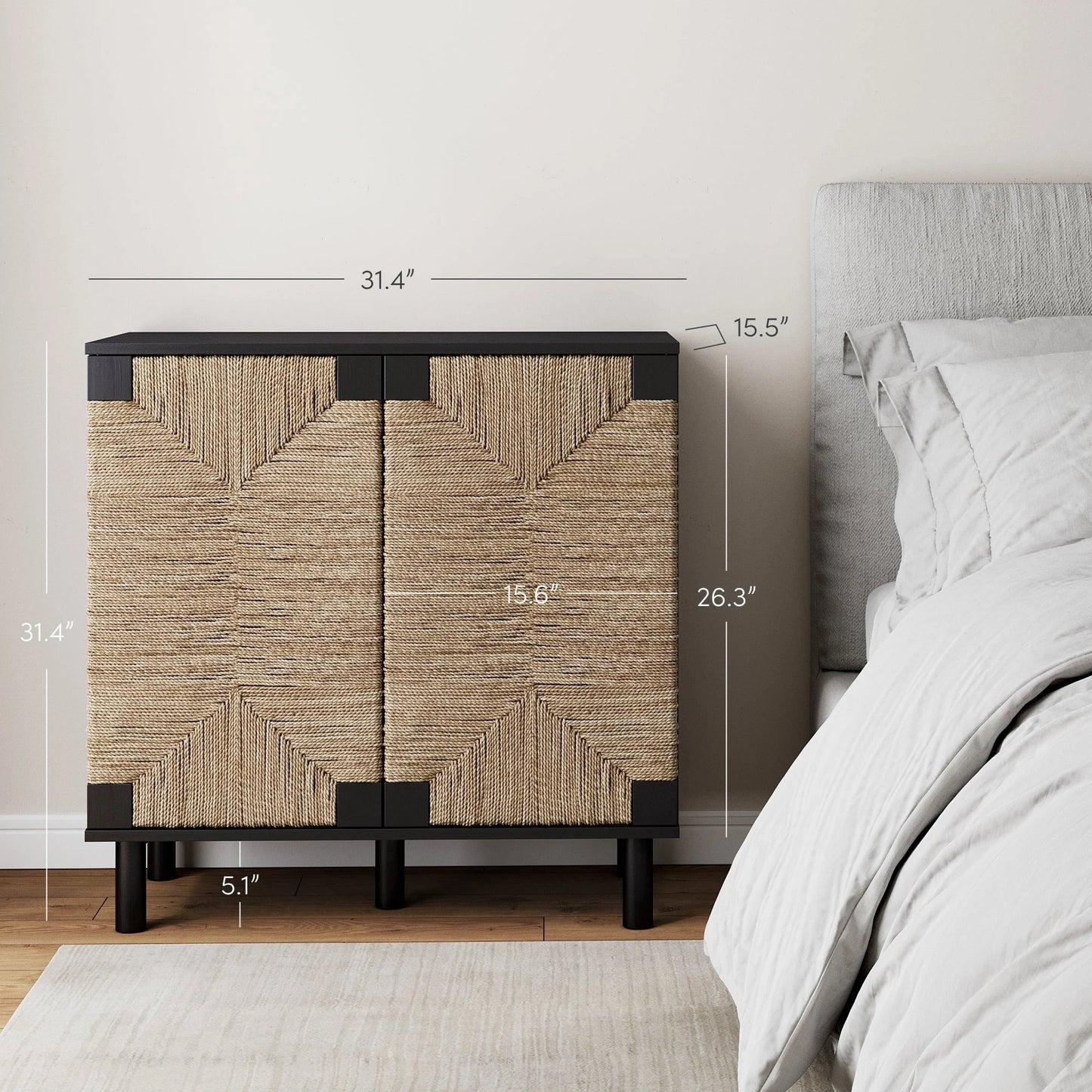 Nathan James Beacon Wood Accent Cabinet with Seagrass Doors and Adjustable Shelf
