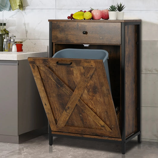 10 Gallon Tilt Out Kitchen Trash Cabinet Trash Can Wooden Tilts Out Hands Laundry Recycling Holder Brown