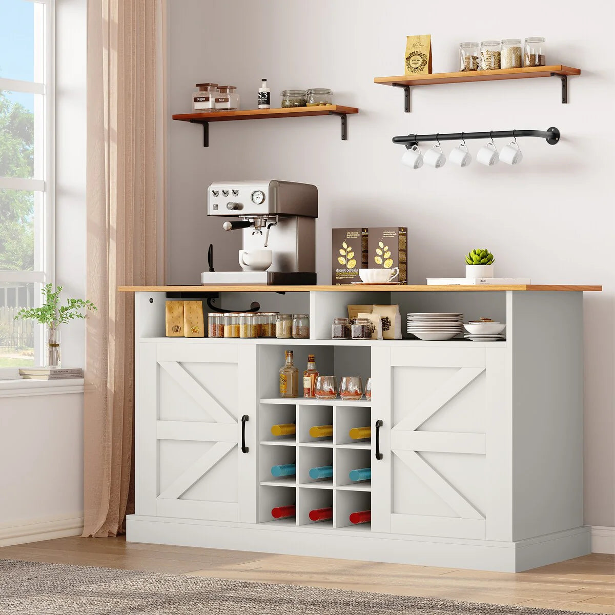 52"Farmhouse Coffee Bar Cabinet with Floating Shelf - 15.75"D x 52"W x 34"H