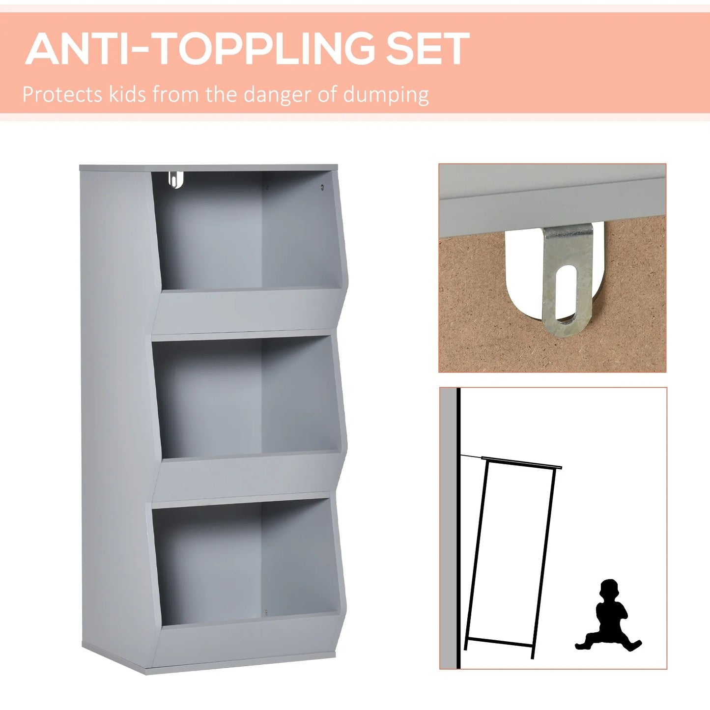 HOMCOM Kids Storage Cabinet 3 Shelves Anti-toppling Toy Storage Organizer Children Bookcase Book Rack, Grey