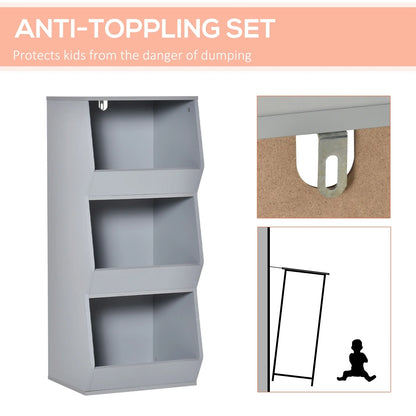 HOMCOM Kids Storage Cabinet 3 Shelves Anti-toppling Toy Storage Organizer Children Bookcase Book Rack, Grey