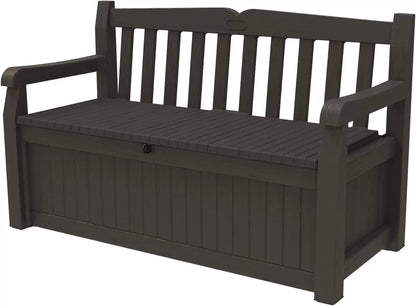 Keter Solana 70 Gallon Storage Bench Deck Box for Patio Furniture, Front Porch Decor and Outdoor Seating – Perfect to Store Garden Tools and Pool Toys,Brown/Brown