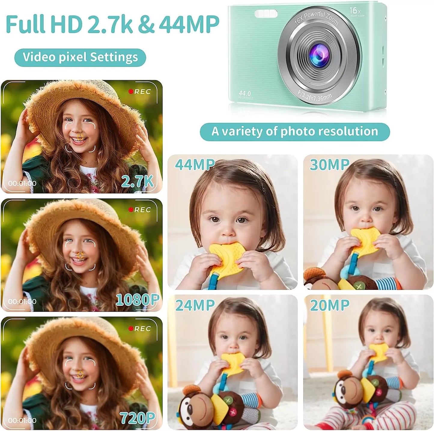 Saneen Digital Camera, FHD 2.7K Cameras for Photography, 44MP Kids Camera Small Compact Digital Camera for Teens, Adults & Beginners with 32GB SD Card, 16X Zoom, Two Rechargeable Batteries-Pink