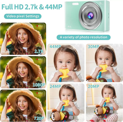 Saneen Digital Camera, FHD 2.7K Cameras for Photography, 44MP Kids Camera Small Compact Digital Camera for Teens, Adults & Beginners with 32GB SD Card, 16X Zoom, Two Rechargeable Batteries-Pink