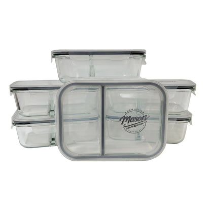 Mason Craft & More 33oz Rectangular 2.5 Section Glass Food Storage with Gray Gasket - Set of 6