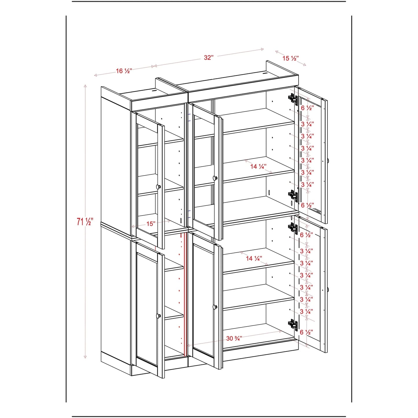 Palace Imports 100% Solid Wood China Pantry with Glass or Solid Wood Doors and 2-Drawers - 48.5" x 71.5"