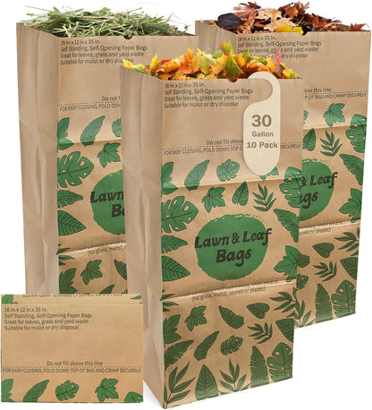 YOUEON 10 Pack 30 Gallon Leaf Bags Brown Paper, 2-Ply Heavy Duty Lawn and Refuse Bags, Yard Waste Bags for Home, Garden, Yard, Self Standing and Tear Resistant