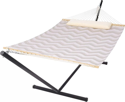 55 Inch Extra Large Double Hammock with Stand, 475lbs Capacity, Outdoor Portable Hammock with Hardwood Spreader Bar, Extra Large Pillow