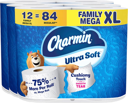 Charmin Ultra Soft Cushiony Touch Toilet Paper, 18 Family Mega XL = 126 Regular Rolls, 2-Ply, White