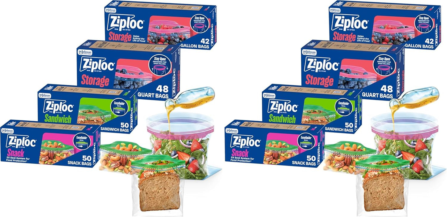 Ziploc Storage Bags Variety Pack, 190ct Total, 42ct Storage Gallon and 48ct Storage Quart, 50ct Sandwich and 50ct Snack