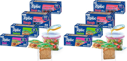 Ziploc Storage Bags Variety Pack, 190ct Total, 42ct Storage Gallon and 48ct Storage Quart, 50ct Sandwich and 50ct Snack