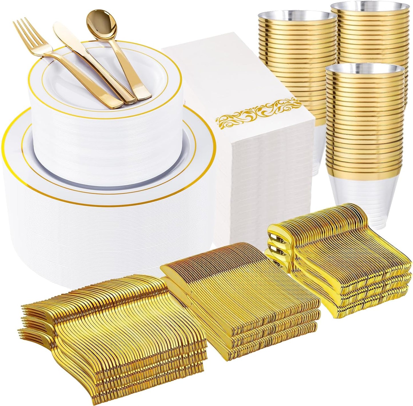 WELLIFE 350-Piece Gold Disposable Plates and Cutlery Set - Premium 10.25" Dinner Plates, 7.5" Dessert Plates, 9oz Cups & Cutlery for Weddings, Catering Events - 50 Guest Service - Elegant & Sturdy