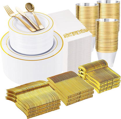 WELLIFE 350-Piece Gold Disposable Plates and Cutlery Set - Premium 10.25" Dinner Plates, 7.5" Dessert Plates, 9oz Cups & Cutlery for Weddings, Catering Events - 50 Guest Service - Elegant & Sturdy