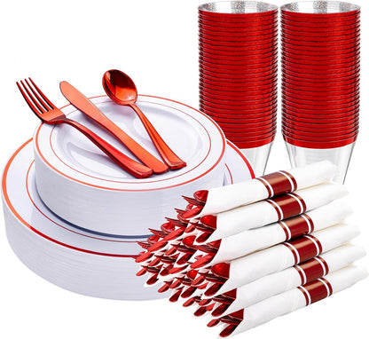 WELLIFE 350-Piece Gold Disposable Plates and Cutlery Set - Premium 10.25" Dinner Plates, 7.5" Dessert Plates, 9oz Cups & Cutlery for Weddings, Catering Events - 50 Guest Service - Elegant & Sturdy