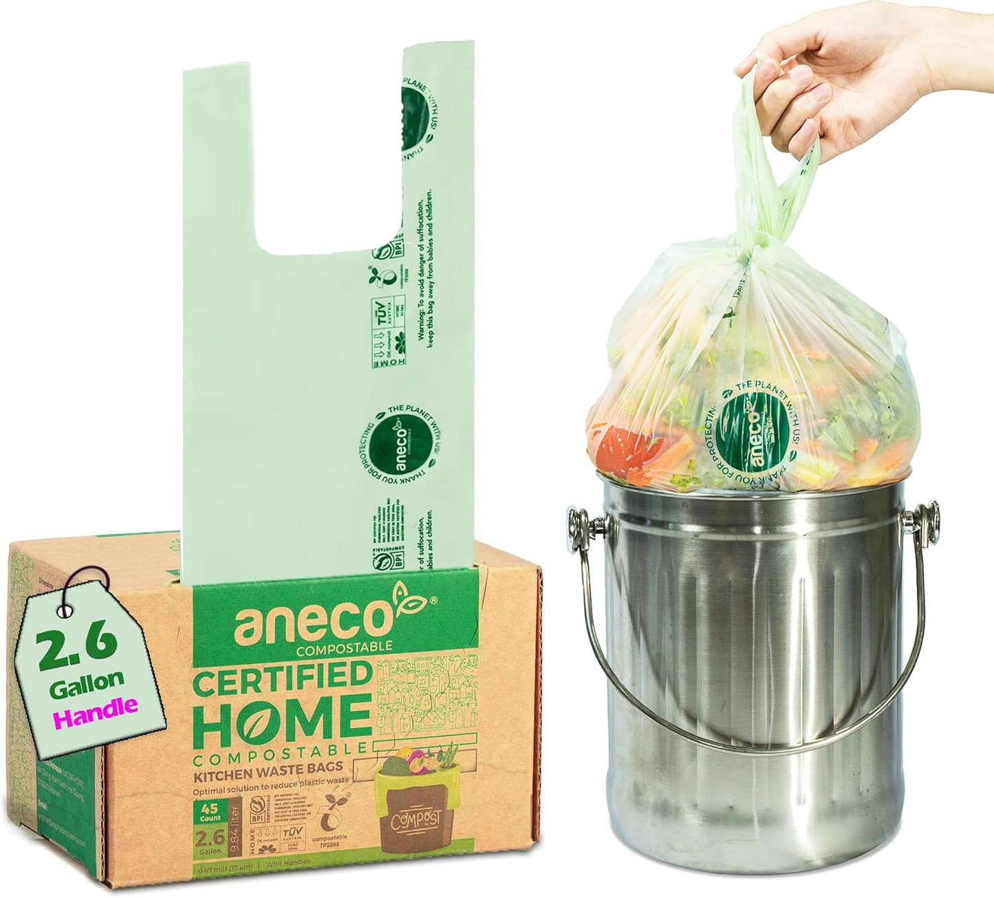 (Include 10 Bonus Bags) ANECO 100% Compostable Waste Bags 2.6 Gallon, Extra Thick Kitchen Small Compost Bags for Countertop Bin, 110 Count (100 + 10 Extra)