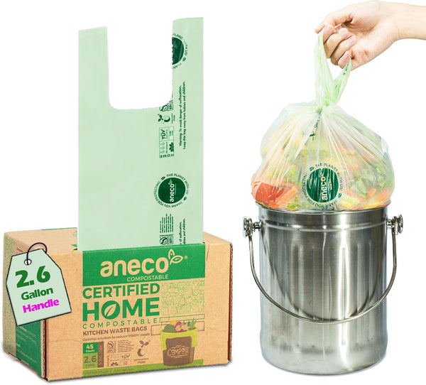 (Include 10 Bonus Bags) ANECO 100% Compostable Waste Bags 2.6 Gallon, Extra Thick Kitchen Small Compost Bags for Countertop Bin, 110 Count (100 + 10 Extra)