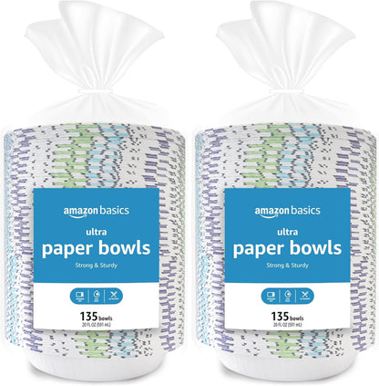 Amazon Basics Ultra Disposable Paper Bowls, 20 Oz, Microwave Safe, Soak Proof, Strong & Sturdy, White, 540 Count (4 Packs of 135)