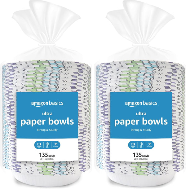 Amazon Basics Ultra Disposable Paper Bowls, 20 Oz, Microwave Safe, Soak Proof, Strong & Sturdy, White, 50 Count