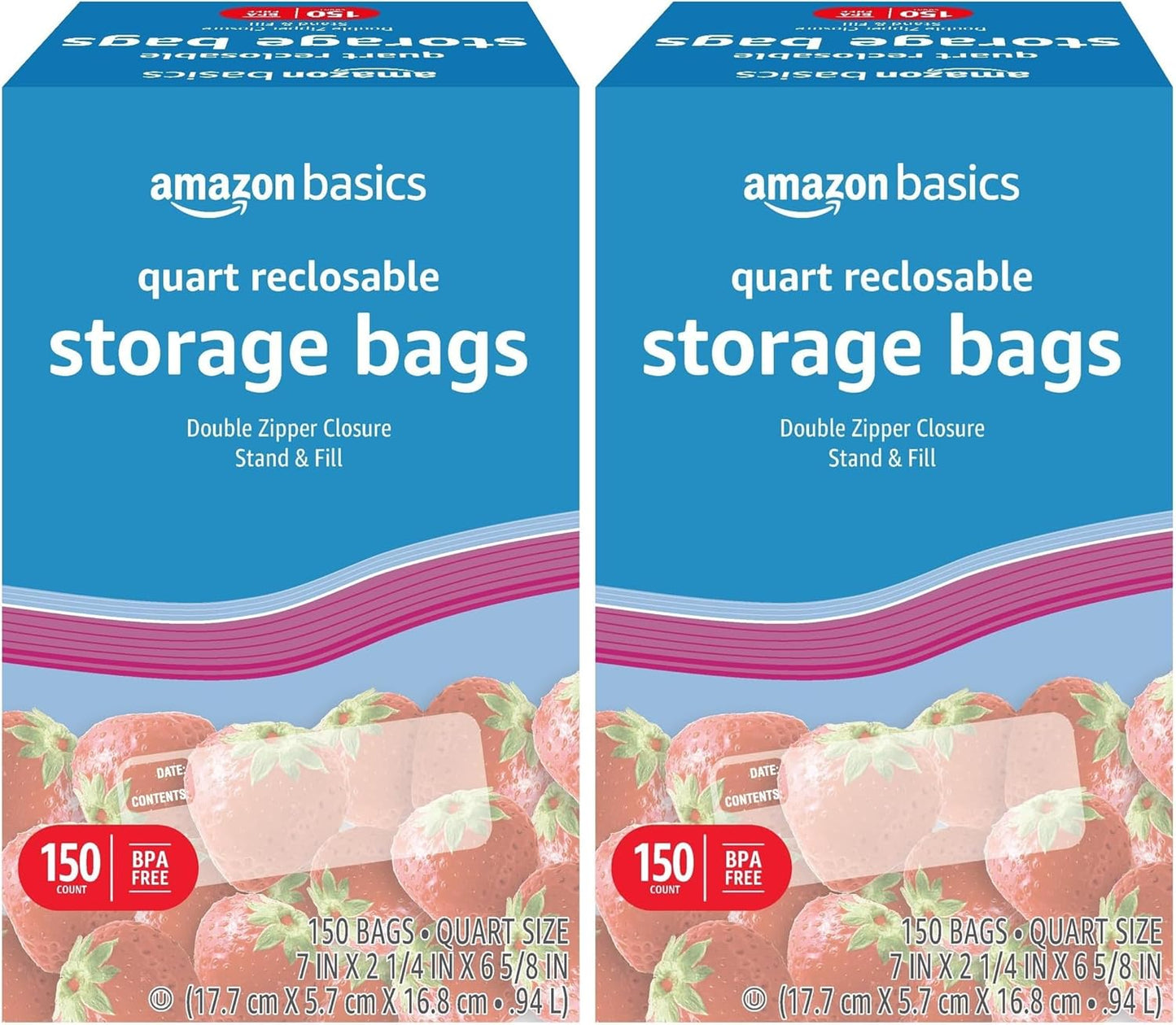 Amazon Basics Reclosable Quart Food Storage Bags with Double Zipper Seal, BPA Free, 150 Count
