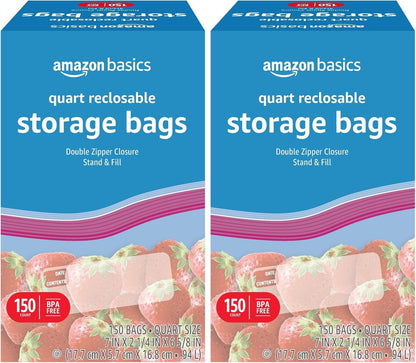 Amazon Basics Reclosable Quart Food Storage Bags with Double Zipper Seal, BPA Free, 150 Count
