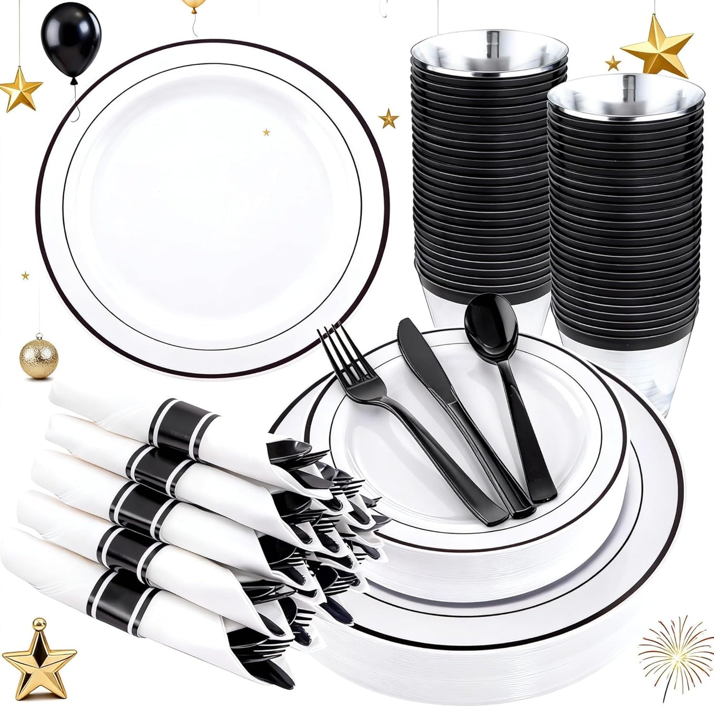 WELLIFE 350-Piece Gold Disposable Plates and Cutlery Set - Premium 10.25" Dinner Plates, 7.5" Dessert Plates, 9oz Cups & Cutlery for Weddings, Catering Events - 50 Guest Service - Elegant & Sturdy