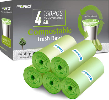 Compostable Trash Bags - FORID 8 Gallon Garbage Bags 150 Count Trash Can Liners 30 Liter Unscented Medium Wastebasket Bags for Kitchen Bathroom Home Office Garbage Can (5Rolls/Green) - Durable & Thick
