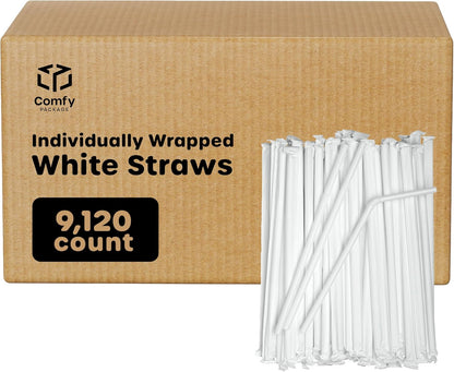 Comfy Package Individually Wrapped Disposable Plastic Flexible Drinking Straws - BPA Free - White [380 Pack]
