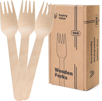 Pantry Value [100 Count] Wooden Spoons Disposable, Splinter-free Biodegradable Spoons, Eco-friendly, Compostable Utensils for Outdoors, Parties, and events
