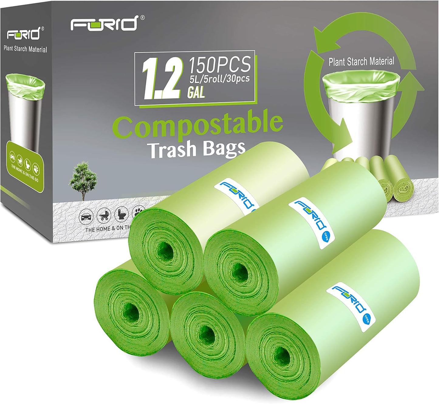 Compostable Trash Bags - FORID 8 Gallon Garbage Bags 150 Count Trash Can Liners 30 Liter Unscented Medium Wastebasket Bags for Kitchen Bathroom Home Office Garbage Can (5Rolls/Green) - Durable & Thick