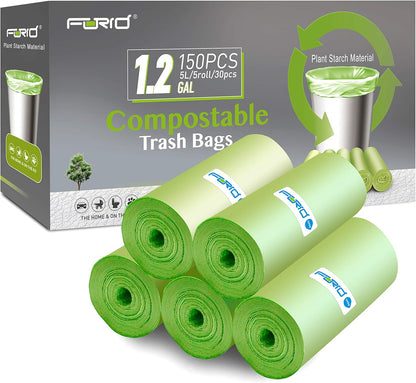 Compostable Trash Bags - FORID 8 Gallon Garbage Bags 150 Count Trash Can Liners 30 Liter Unscented Medium Wastebasket Bags for Kitchen Bathroom Home Office Garbage Can (5Rolls/Green) - Durable & Thick