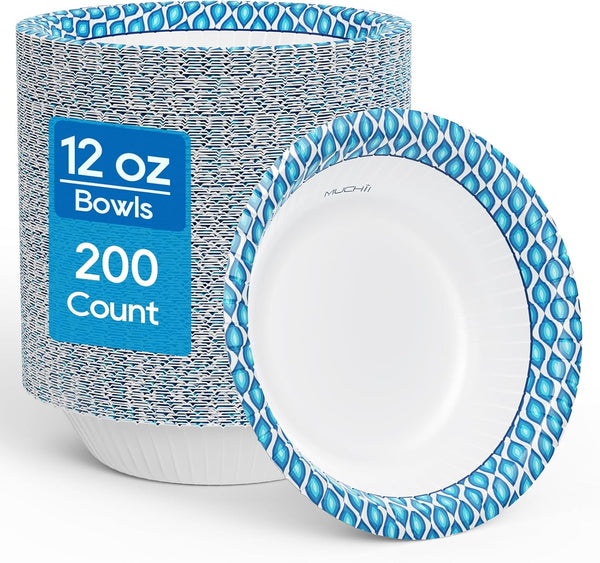 MUCHII 12 Oz Paper Bowls 200 Counts Disposable Bowls, Printed Soak Proof Small Bowls for Breakfast, Lunch, and Dinner Meals