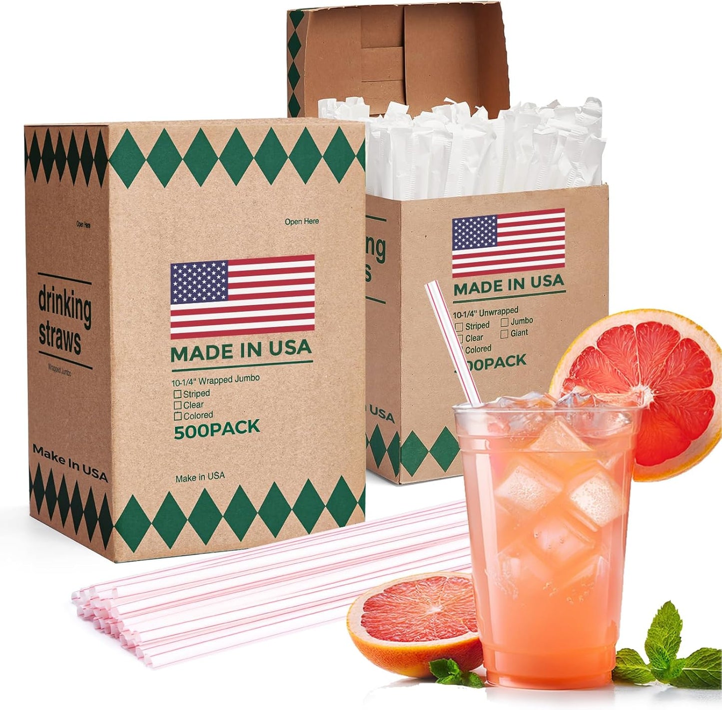 Glotoch Express 500PCS Individually Wrapped Clear Plastic Straws, 7.75'' Long, 0.24'' Diameter Disposable Drinking Straws for Every Occasion, Party, Made in USA