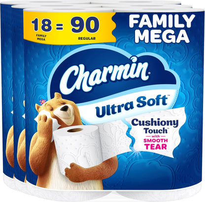 Charmin Ultra Soft Cushiony Touch Toilet Paper, 18 Family Mega XL = 126 Regular Rolls, 2-Ply, White