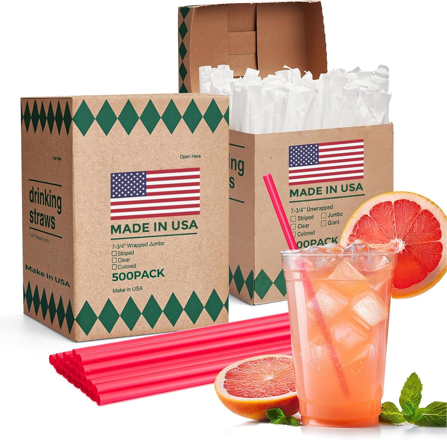 Glotoch Express 500PCS Individually Wrapped Clear Plastic Straws, 7.75'' Long, 0.24'' Diameter Disposable Drinking Straws for Every Occasion, Party, Made in USA
