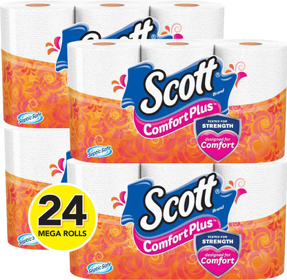 Scott ComfortPlus Toilet Paper, 12 Triple Rolls, 231 Sheets per Roll, Septic-Safe, 1-Ply Toilet Tissue