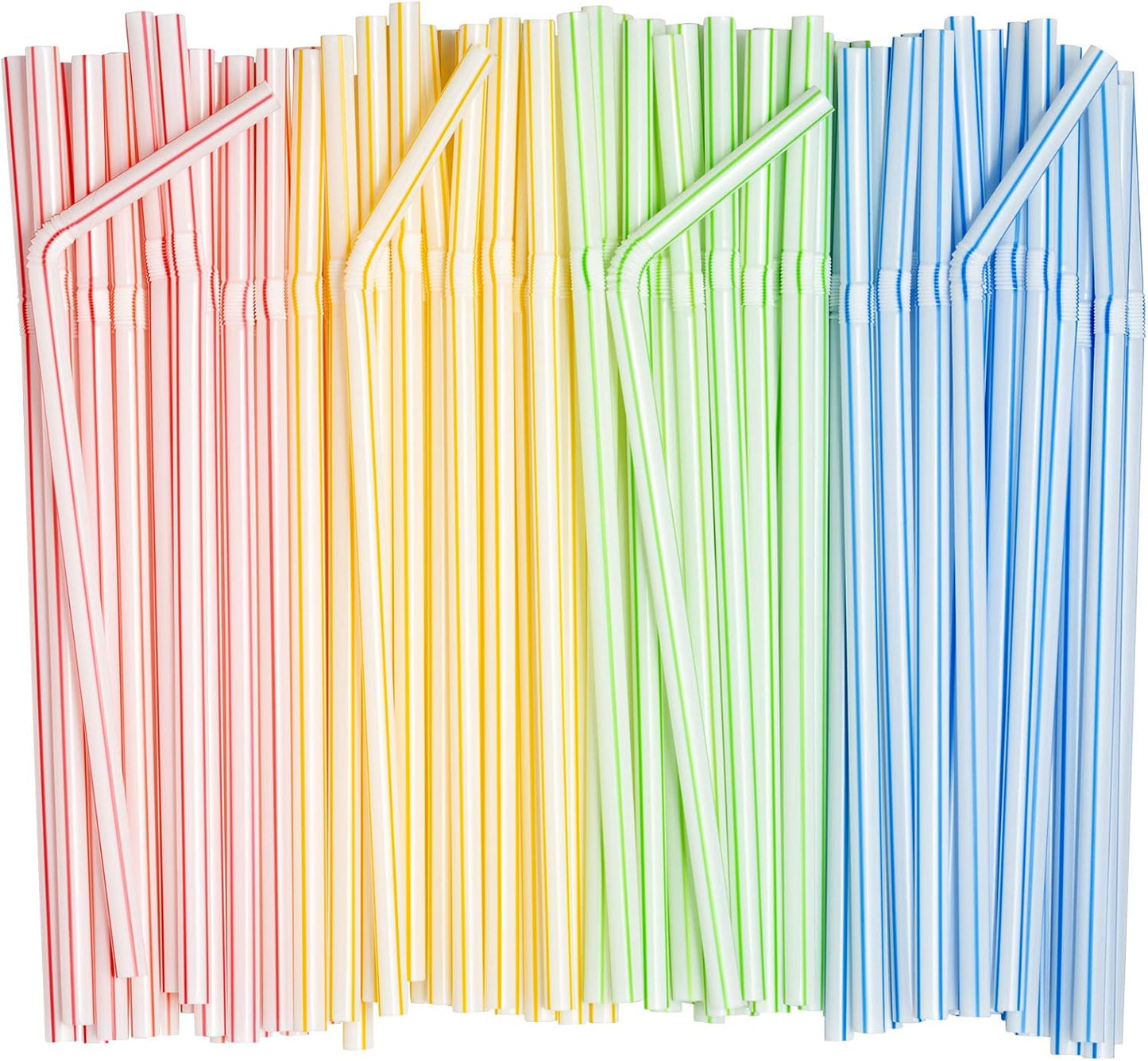[200 Pack] Flexible Disposable Plastic Drinking Straws - 7.75"High - Assorted Colors Striped