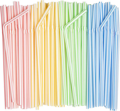 [200 Pack] Flexible Disposable Plastic Drinking Straws - 7.75"High - Assorted Colors Striped