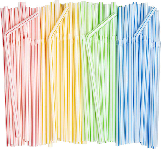 [200 Pack] Flexible Disposable Plastic Drinking Straws - 7.75"High - Assorted Colors Striped