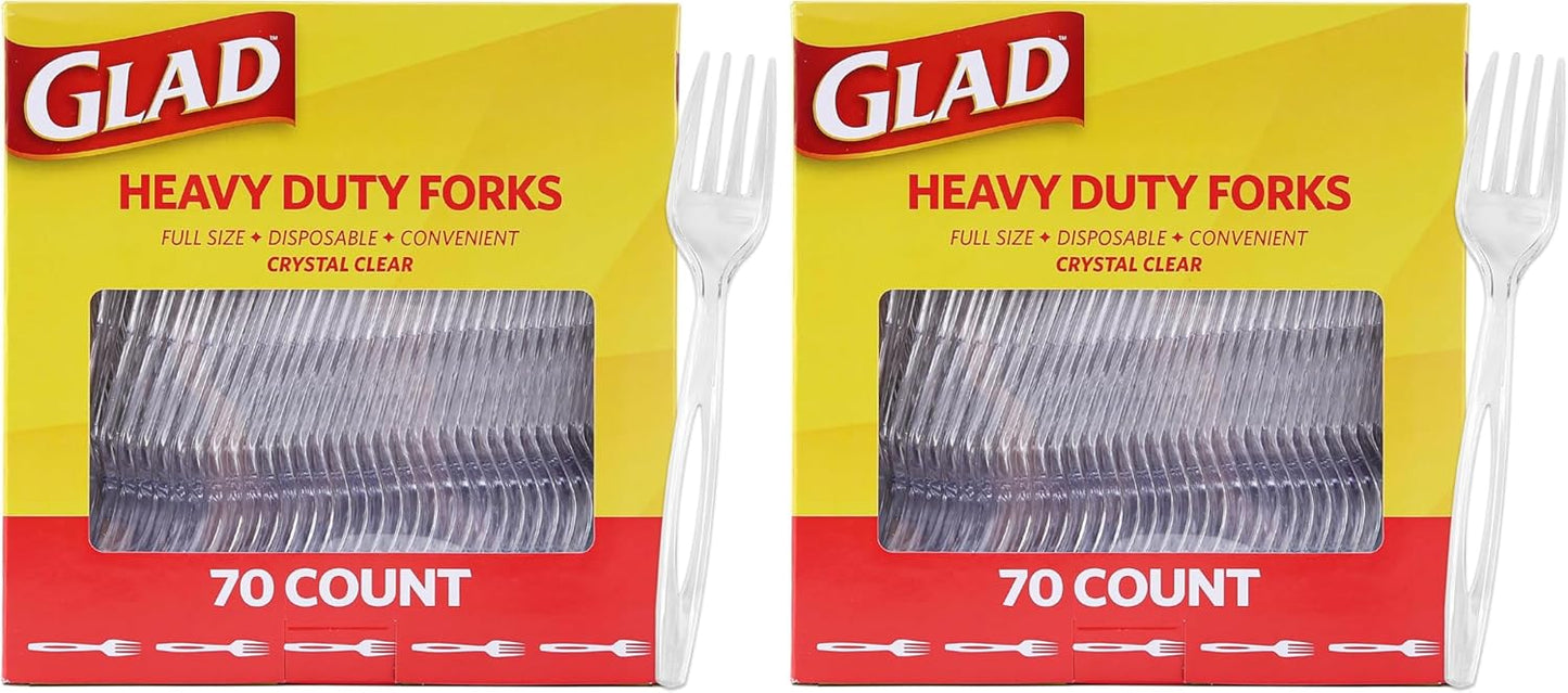 Glad Clear Heavy Duty Plastic Forks, Reduced-Plastic Open Handle, Break-Resistant Disposable or Top-Rack Reusable Cutlery for Parties, Camping & Everyday Meals, Standard Size, 70 Count