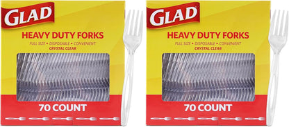 Glad Clear Heavy Duty Plastic Forks, Reduced-Plastic Open Handle, Break-Resistant Disposable or Top-Rack Reusable Cutlery for Parties, Camping & Everyday Meals, Standard Size, 70 Count